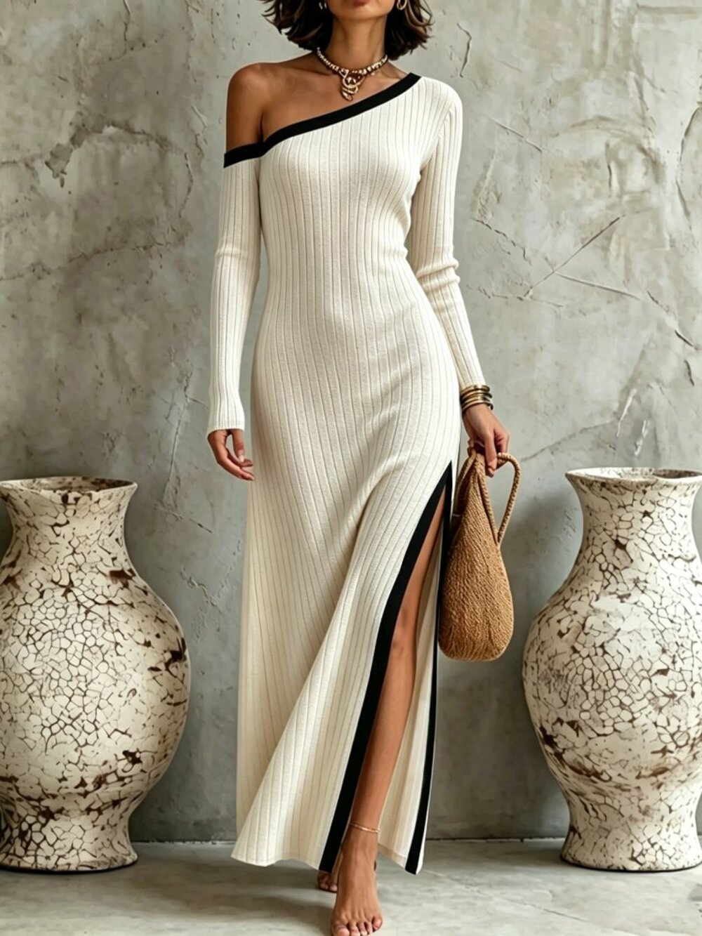 Apricot Elegant Women's Rib-Knit Asymmetric Side Slit Long Dress